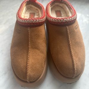 UGG Tasman Chesnut Brown Suede Slip-On Shoes with Red Trim
